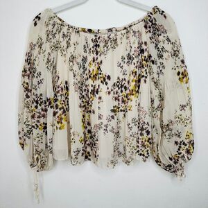 Aritzia Wilfred Talence Cream and Multi Floral Silk Pleated Off Shoulder Top XS